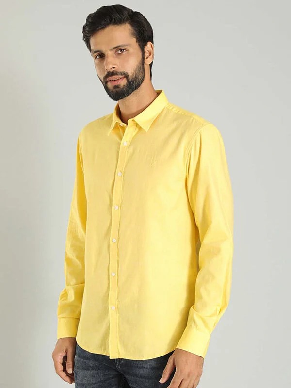 Indian Terrain Men's Slim Fit Full Sleeve Solid Yellow Shirt
